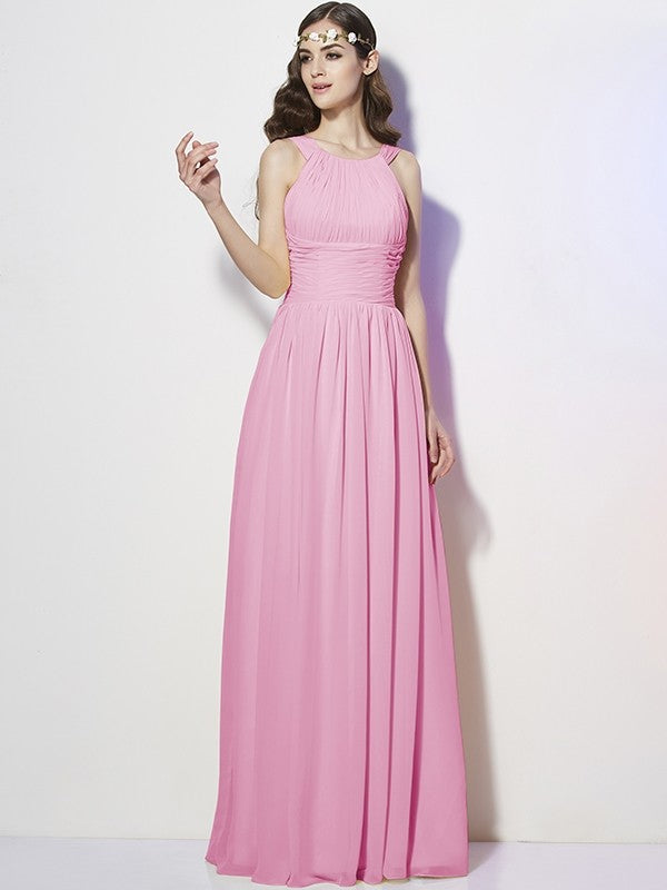 Modern Bateau Sleeveless Pleats Long Chiffon Bridesmaid Dresses