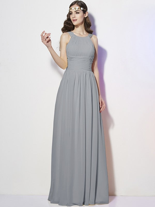 Modern Bateau Sleeveless Pleats Long Chiffon Bridesmaid Dresses