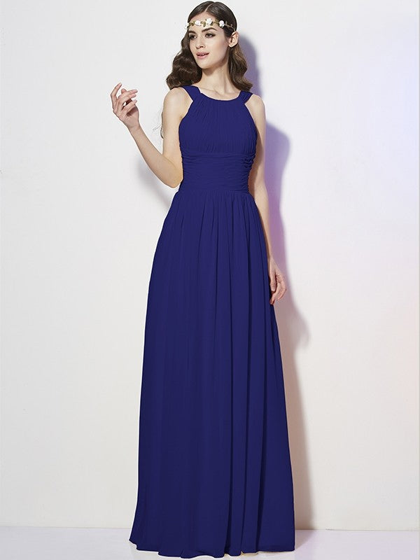 Modern Bateau Sleeveless Pleats Long Chiffon Bridesmaid Dresses