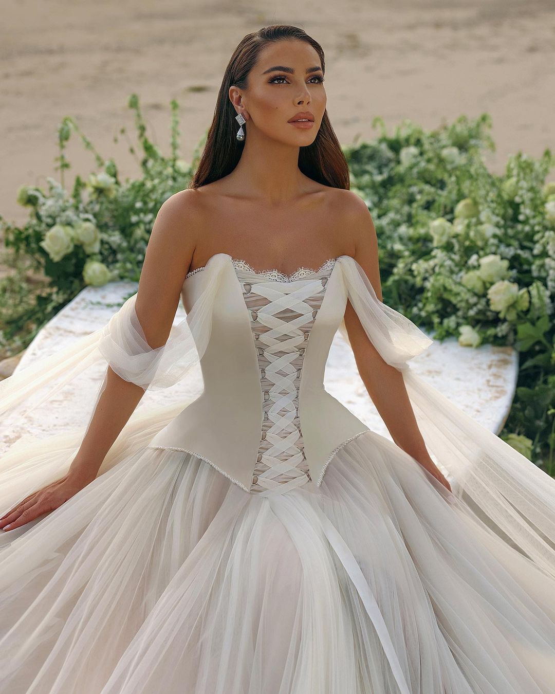 Modern Long Off-the-Shoulder A-Line Tulle Corset Wedding Dress