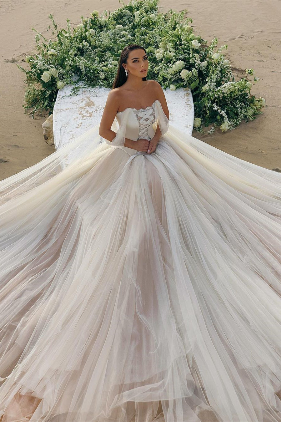 Modern Long Off-the-Shoulder A-Line Tulle Corset Wedding Dress