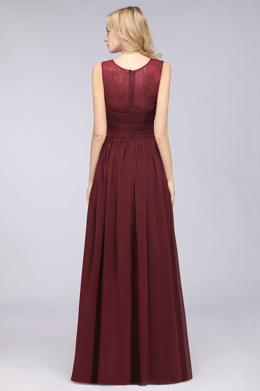 Modest Chiffon Lace Scoop Ruffle Burgundy Bridesmaid dresses Affordable