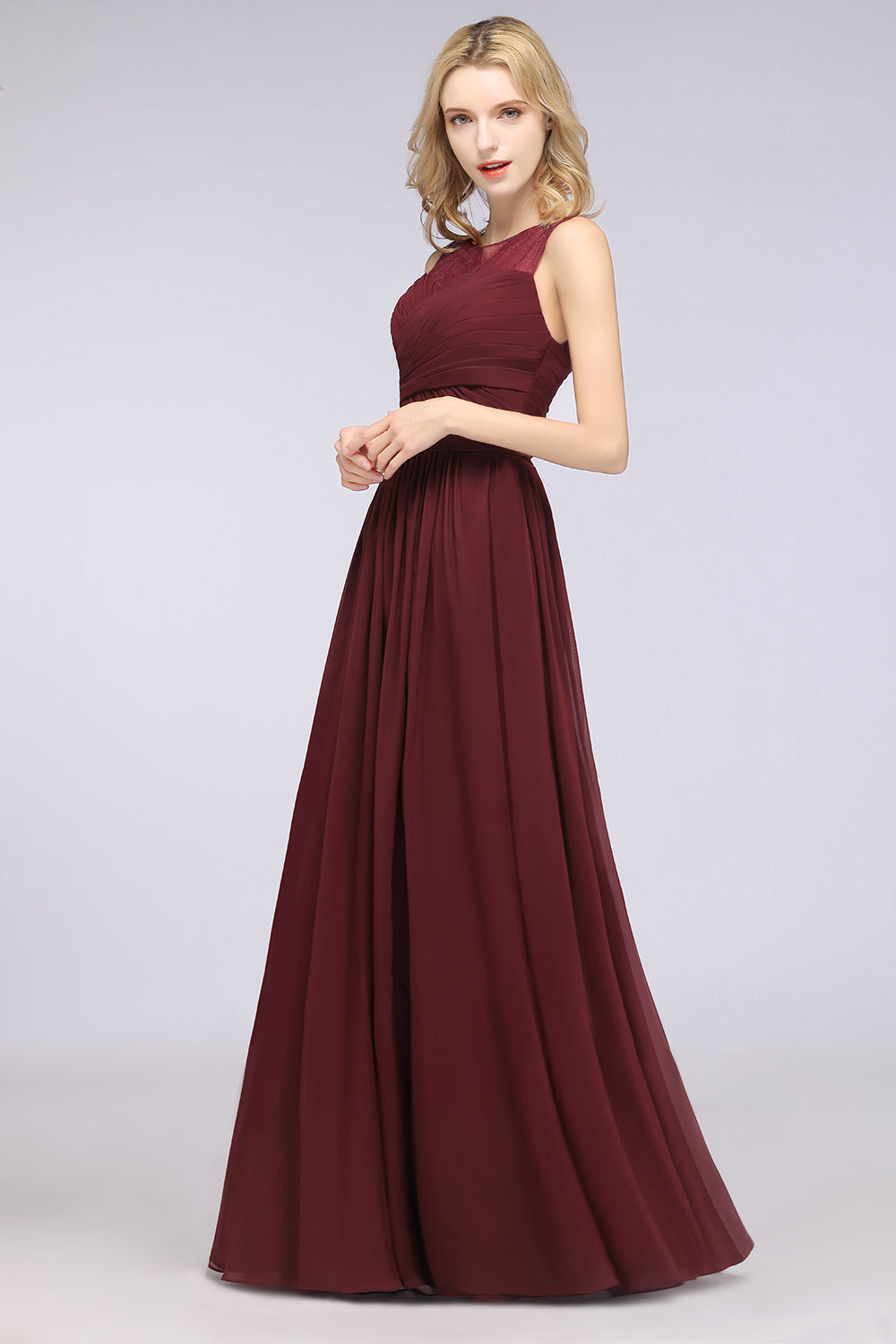 Modest Chiffon Lace Scoop Ruffle Burgundy Bridesmaid dresses Affordable