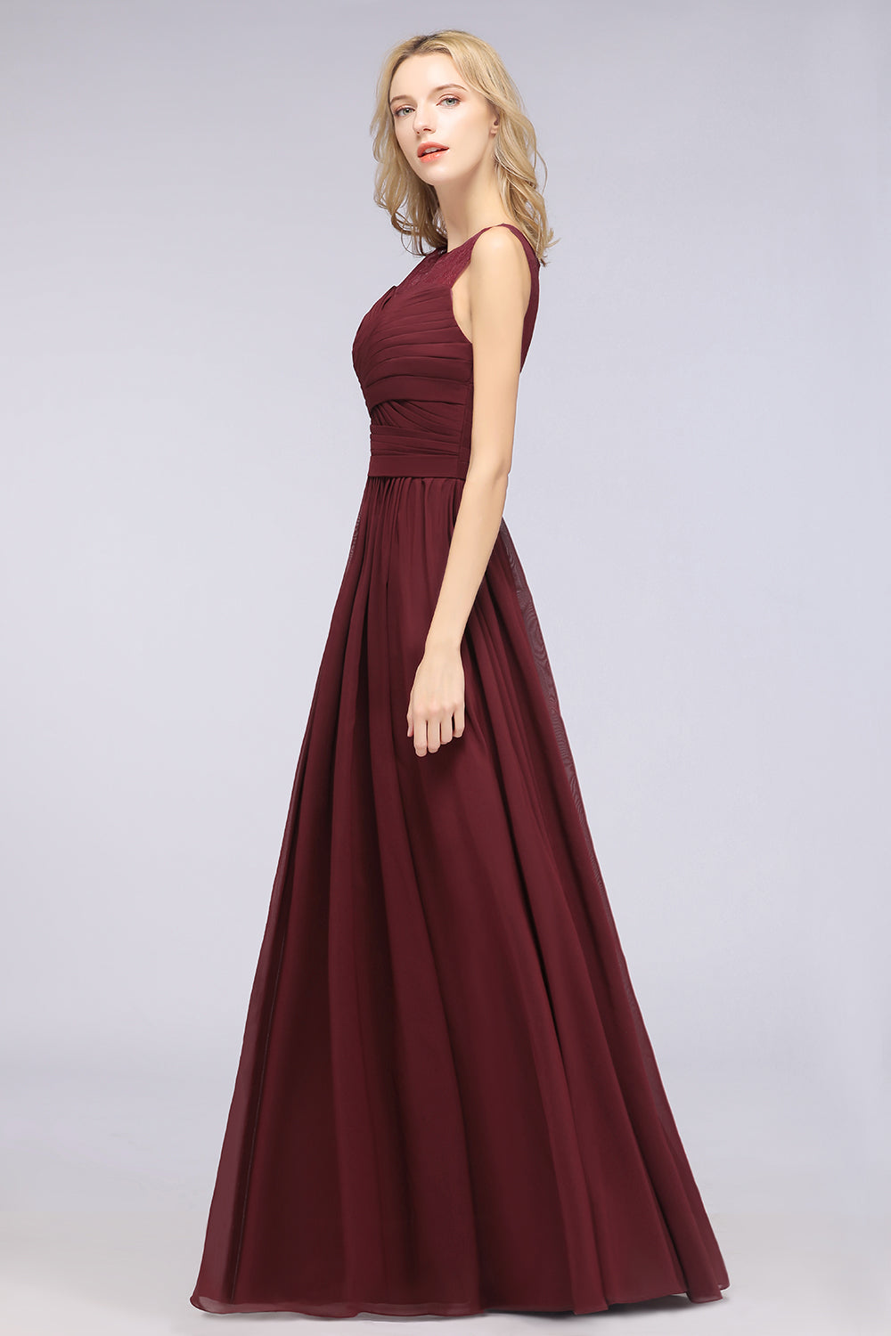 Modest Chiffon Lace Scoop Ruffle Burgundy Bridesmaid dresses Affordable