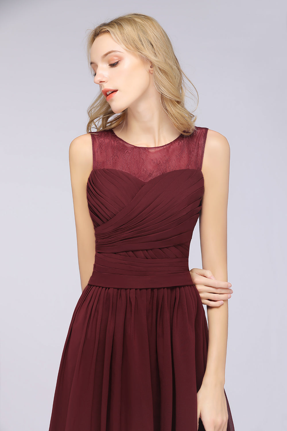 Modest Chiffon Lace Scoop Ruffle Burgundy Bridesmaid dresses Affordable