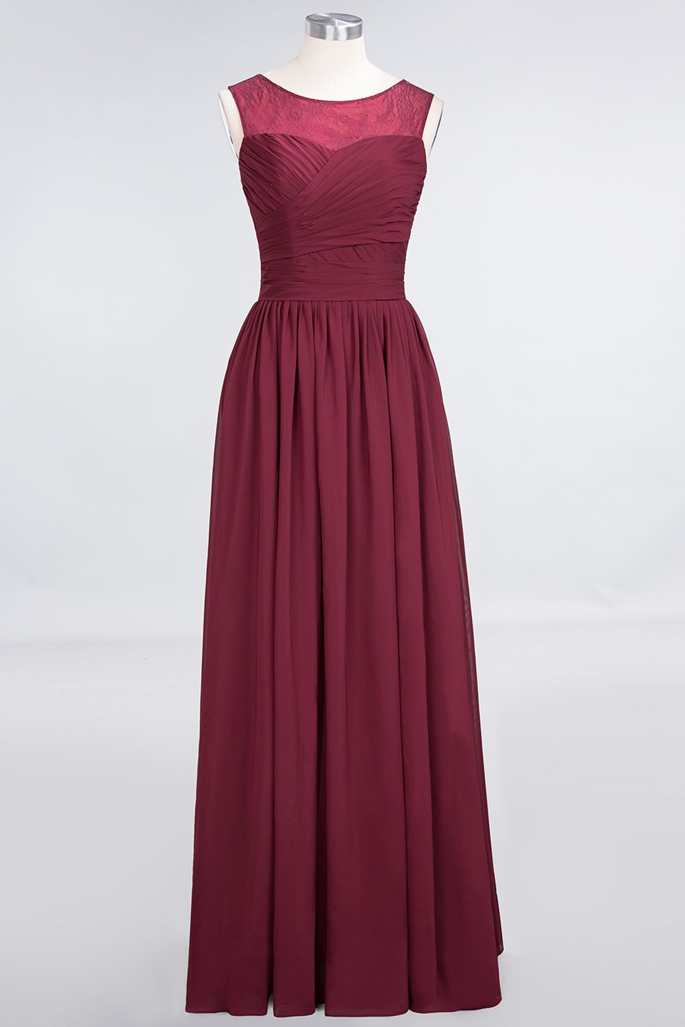 Modest Chiffon Lace Scoop Ruffle Burgundy Bridesmaid dresses Affordable