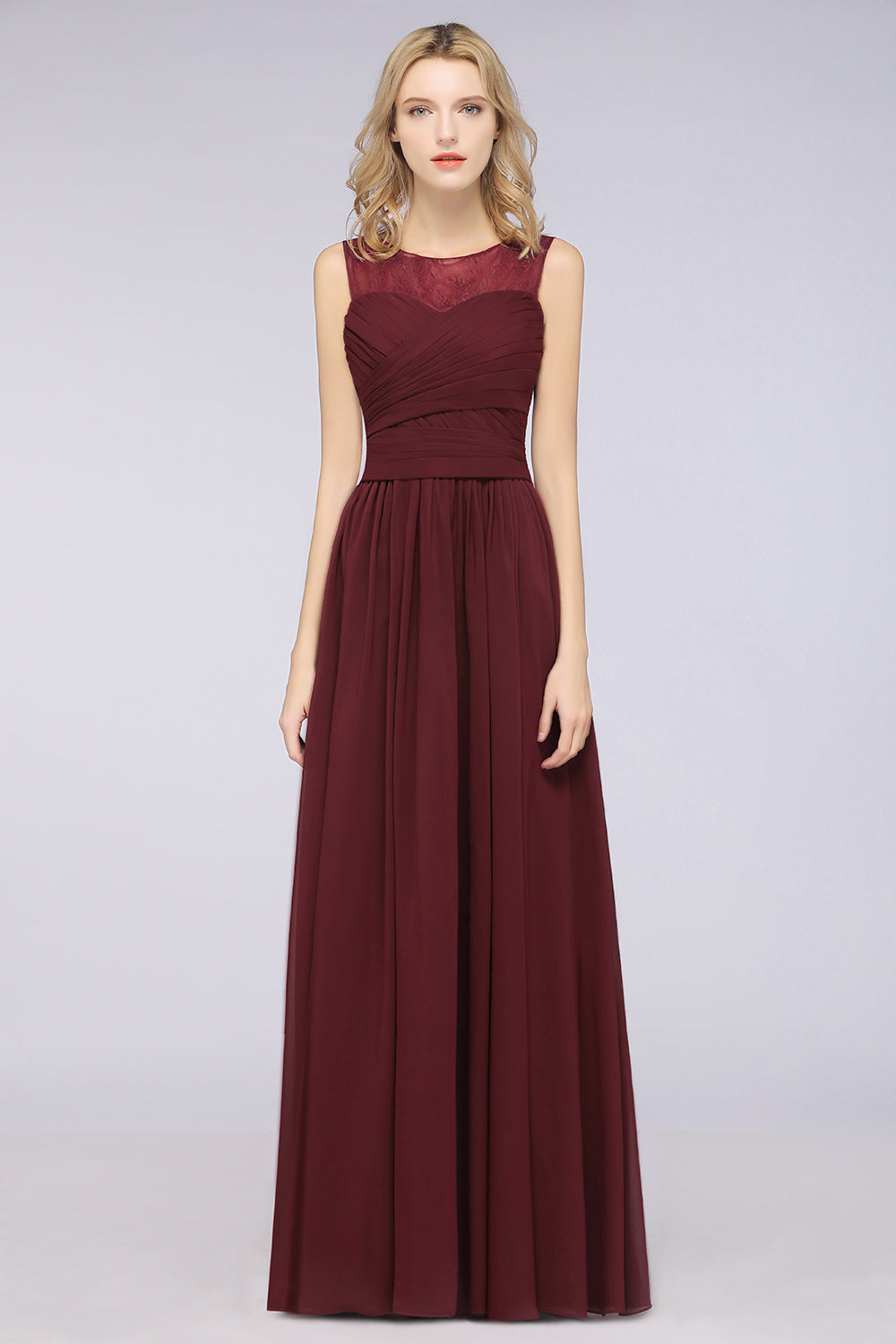 Modest Chiffon Lace Scoop Ruffle Burgundy Bridesmaid dresses Affordable