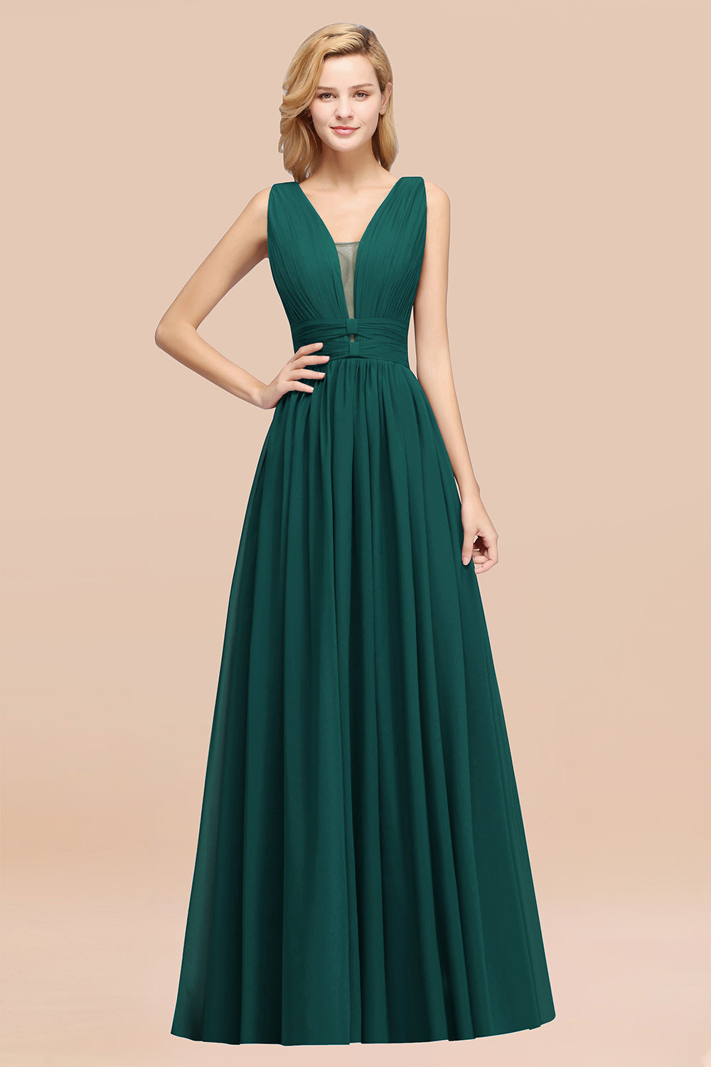 Modest Dark Green Long Bridesmaid Dresses Deep V-Neck Chiffon Maid of Honor Dress