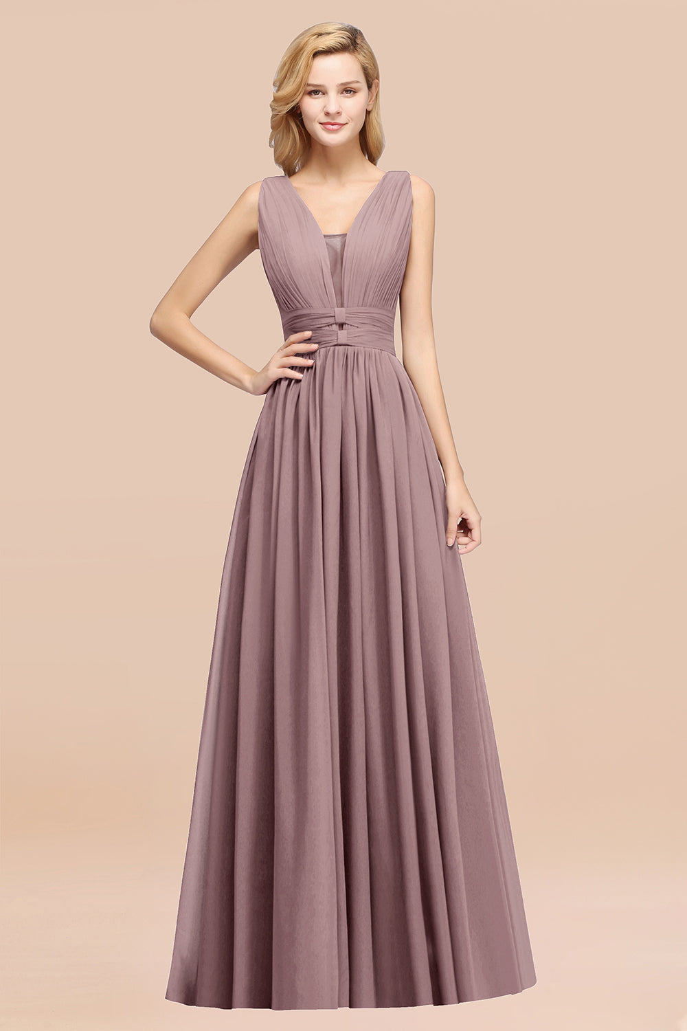 Modest Dark Green Long Bridesmaid Dresses Deep V-Neck Chiffon Maid of Honor Dress