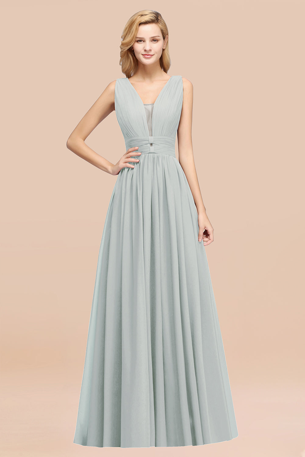 Modest Dark Green Long Bridesmaid Dresses Deep V-Neck Chiffon Maid of Honor Dress