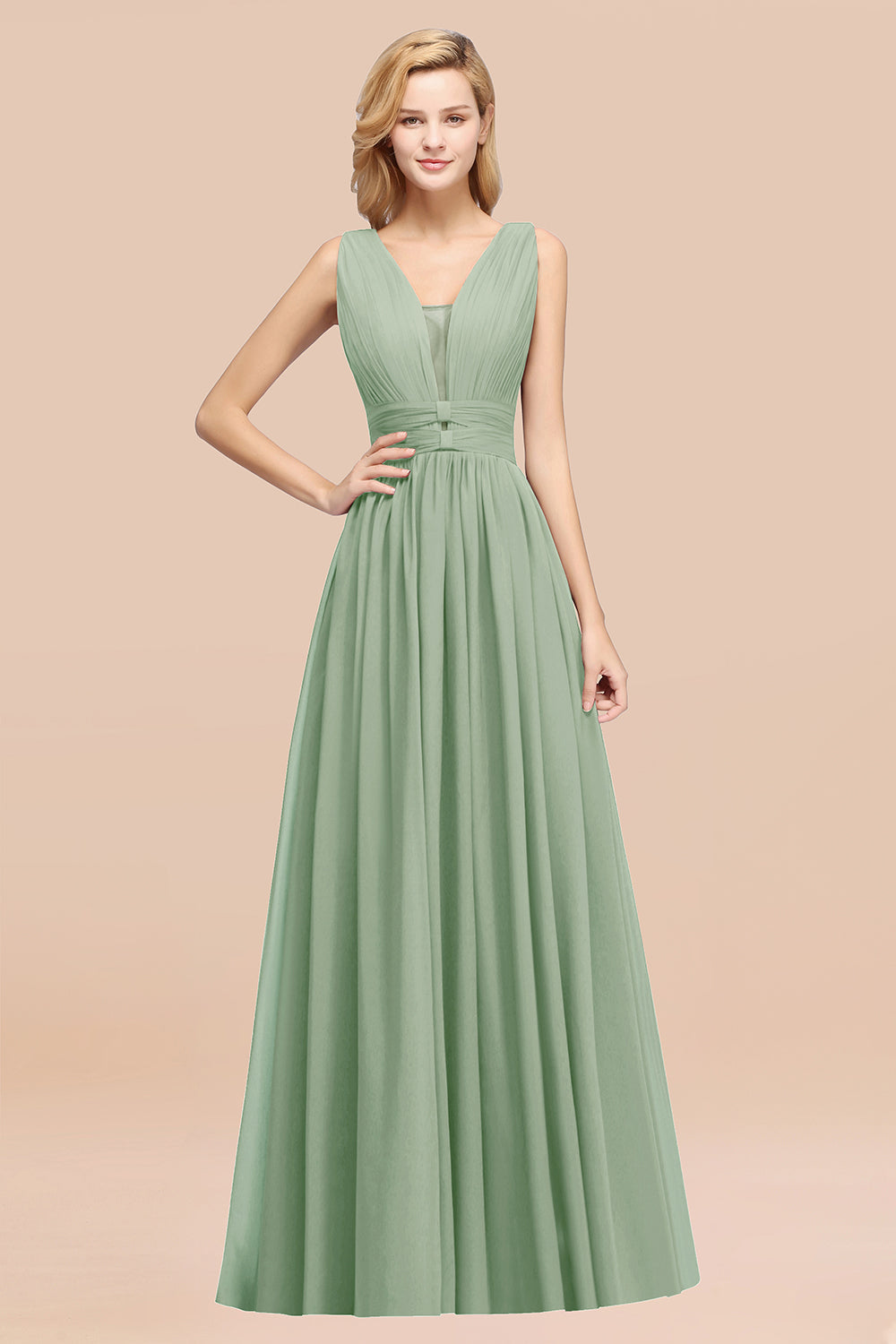 Modest Dark Green Long Bridesmaid Dresses Deep V-Neck Chiffon Maid of Honor Dress