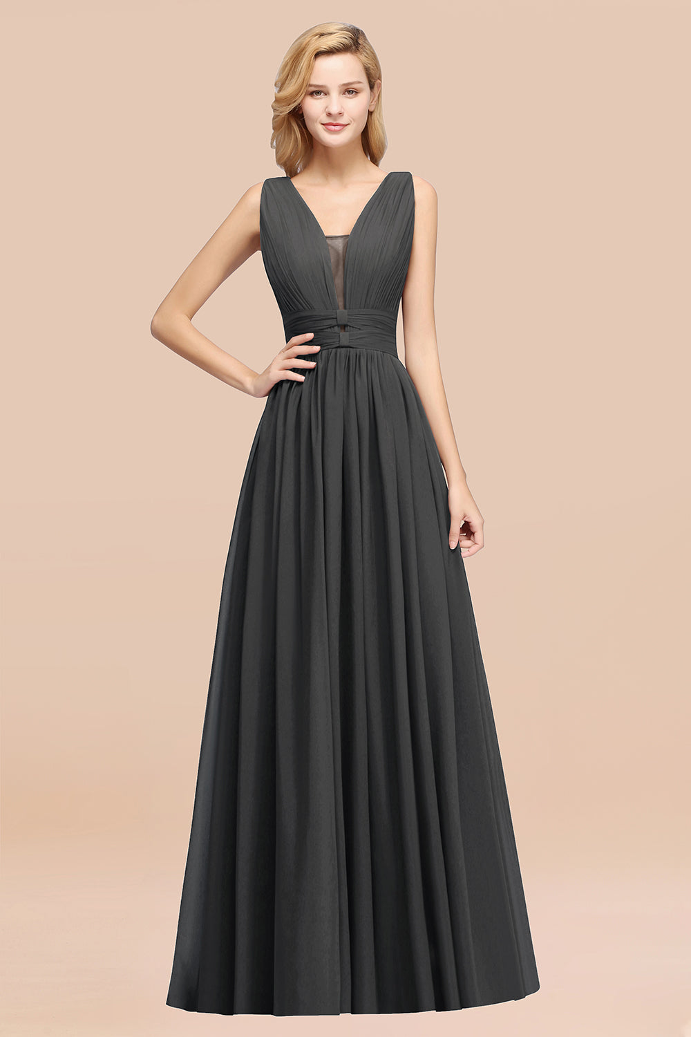 Modest Dark Green Long Bridesmaid Dresses Deep V-Neck Chiffon Maid of Honor Dress