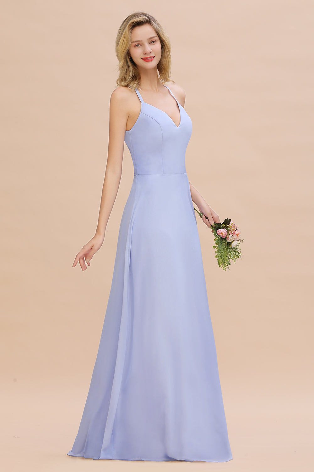 Modest Halter V-Neck Sleeveless Long Bridesmaid dresses