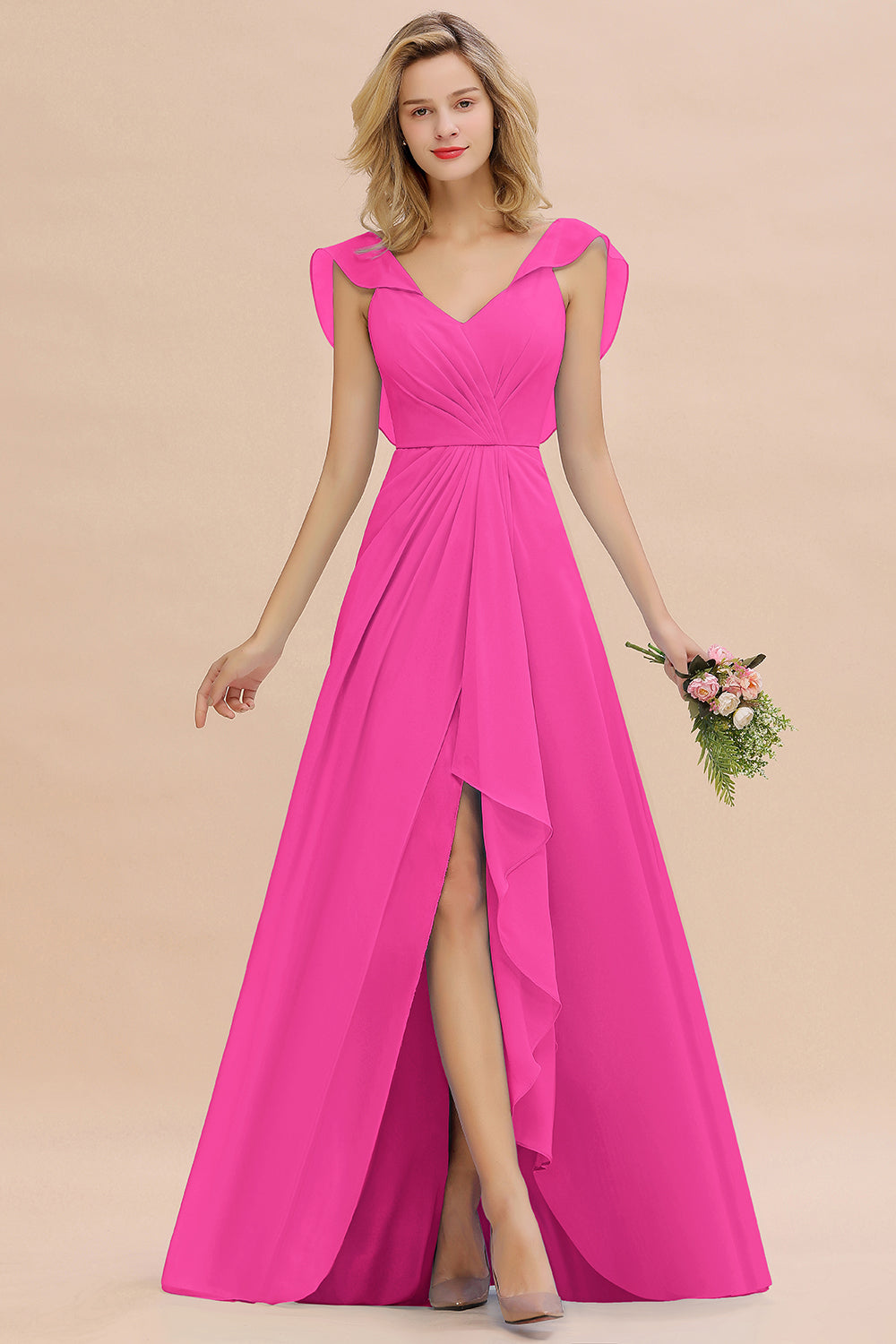 Modest Hi-Lo V-Neck Ruffle Long Bridesmaid Dresses with Slit - Fashionpara