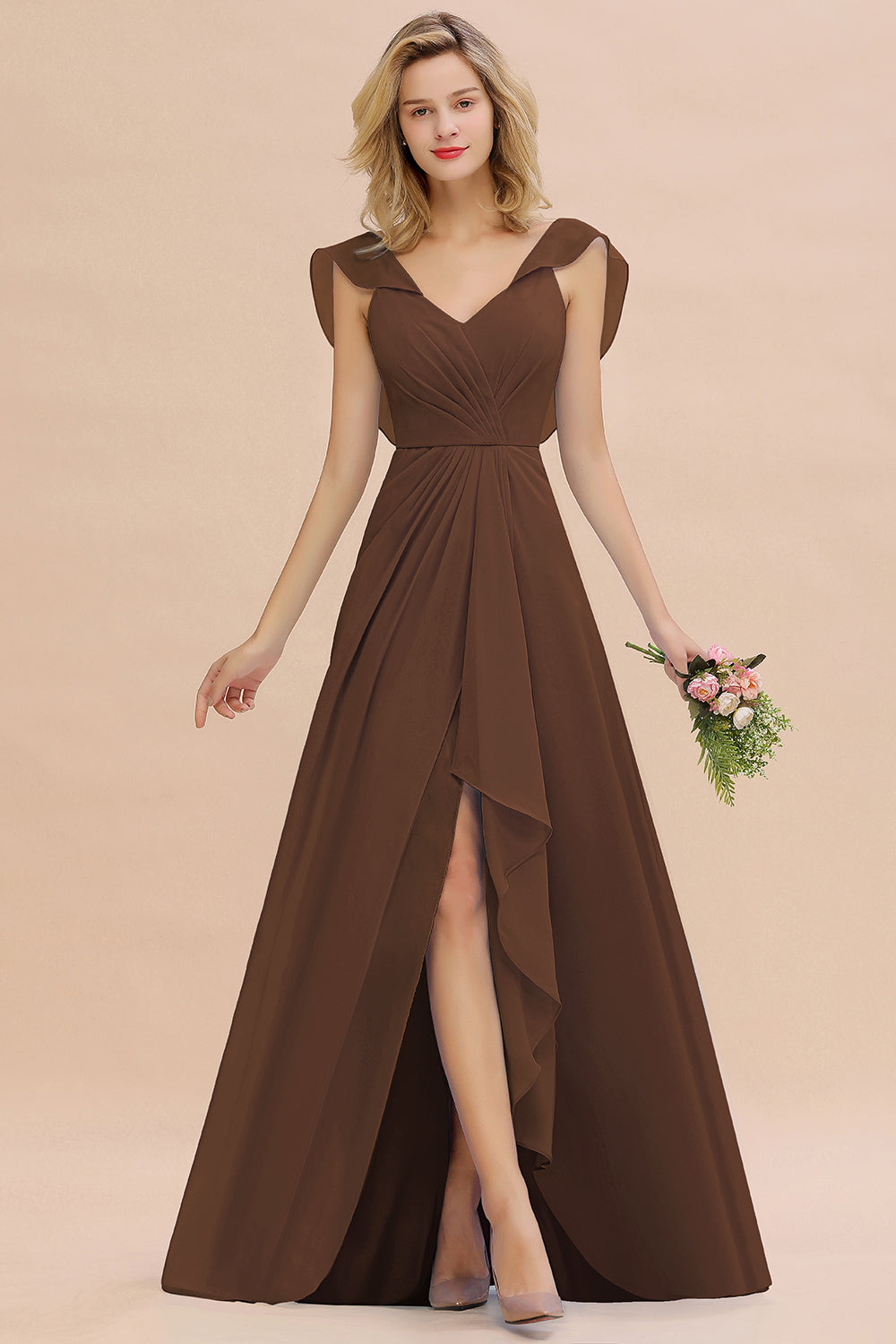 Modest Hi-Lo V-Neck Ruffle Long Bridesmaid Dresses with Slit - Fashionpara