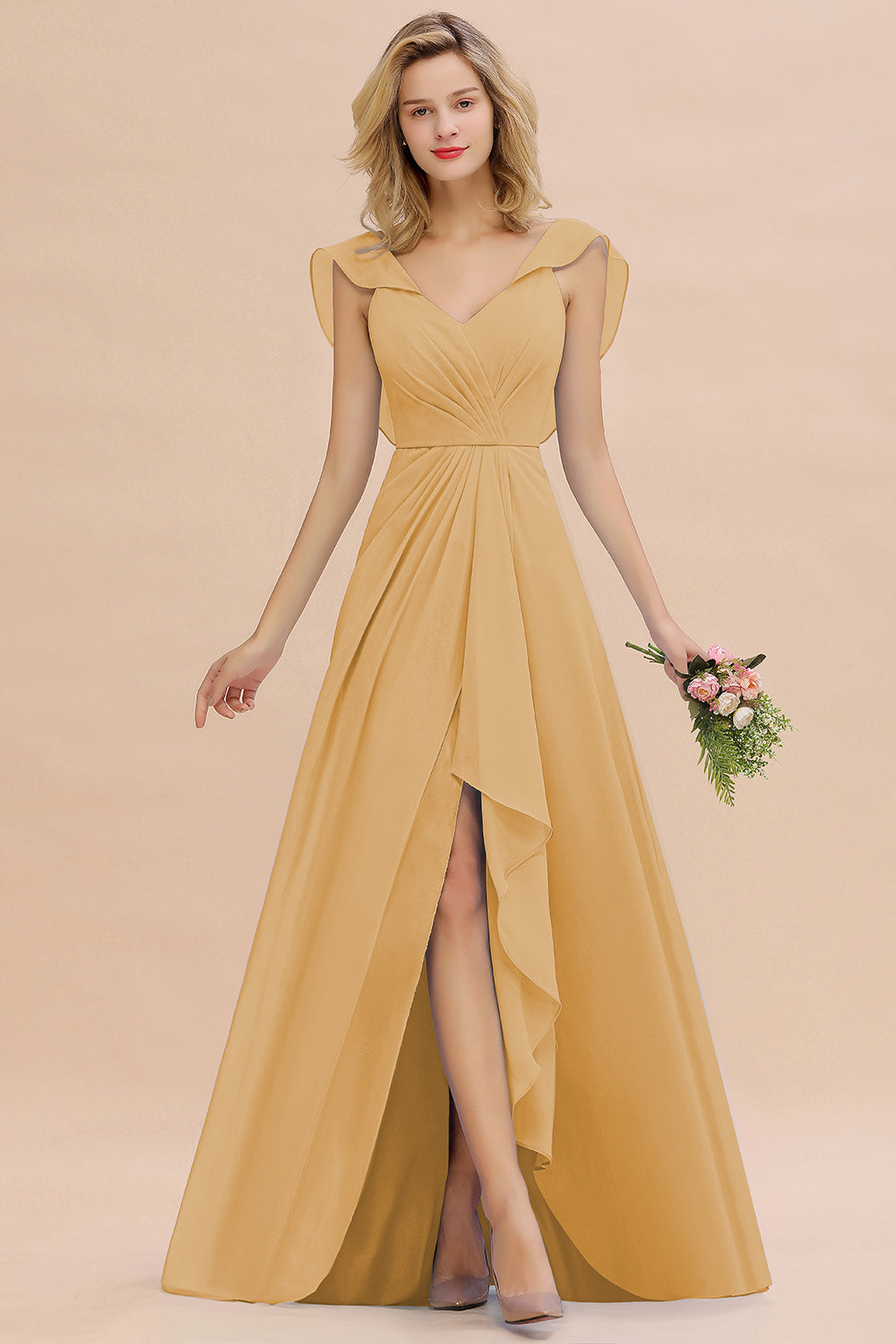 Modest Hi-Lo V-Neck Ruffle Long Bridesmaid Dresses with Slit - Fashionpara