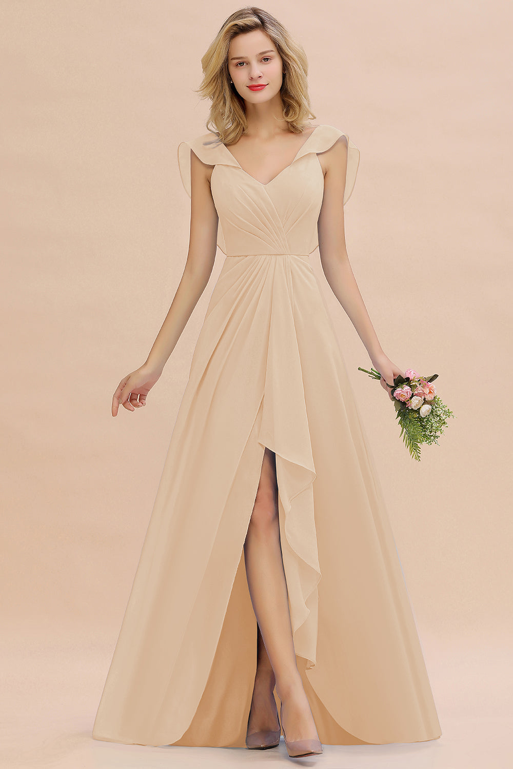 Modest Hi-Lo V-Neck Ruffle Long Bridesmaid Dresses with Slit - Fashionpara