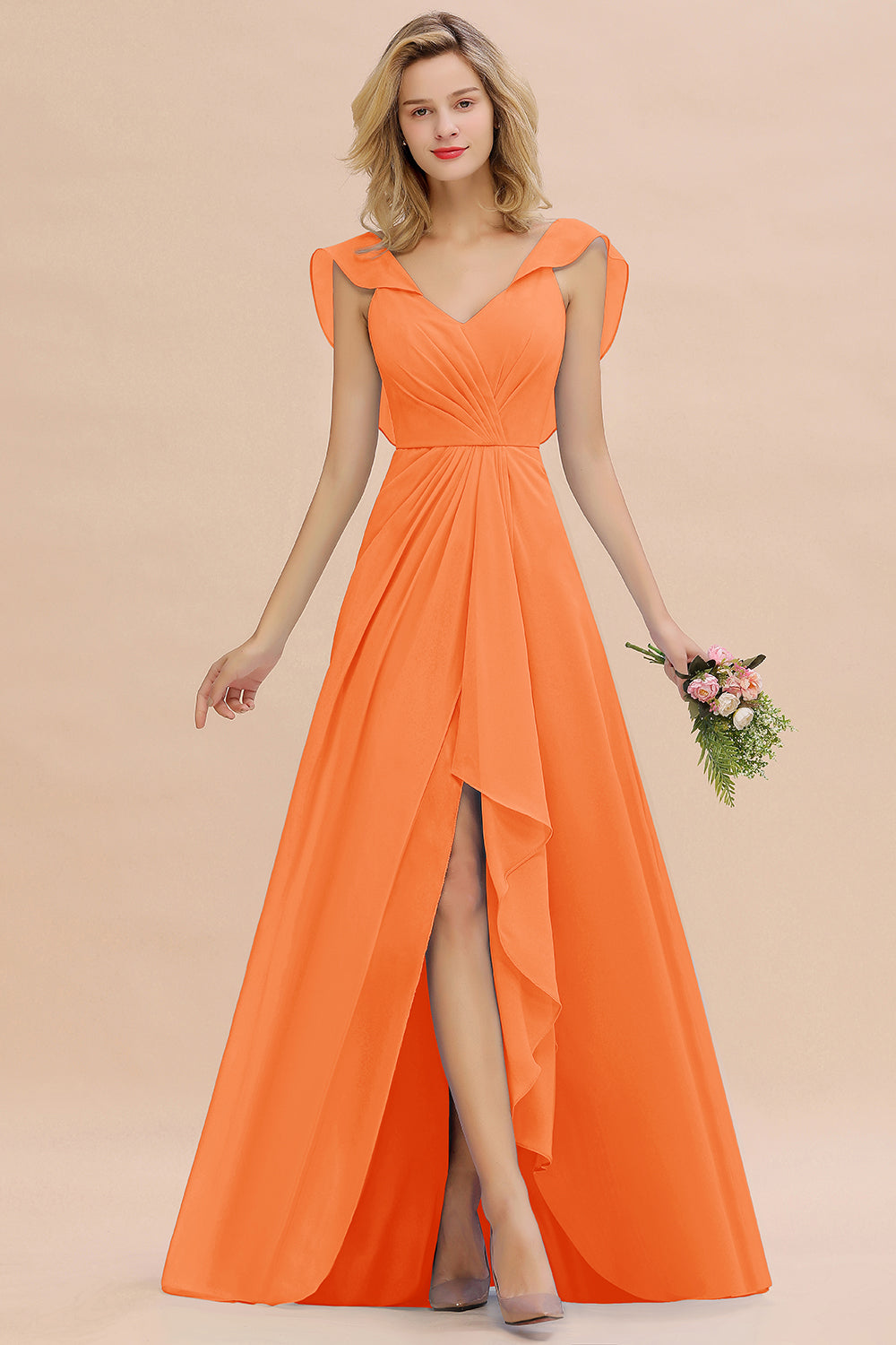 Modest Hi-Lo V-Neck Ruffle Long Bridesmaid Dresses with Slit - Fashionpara