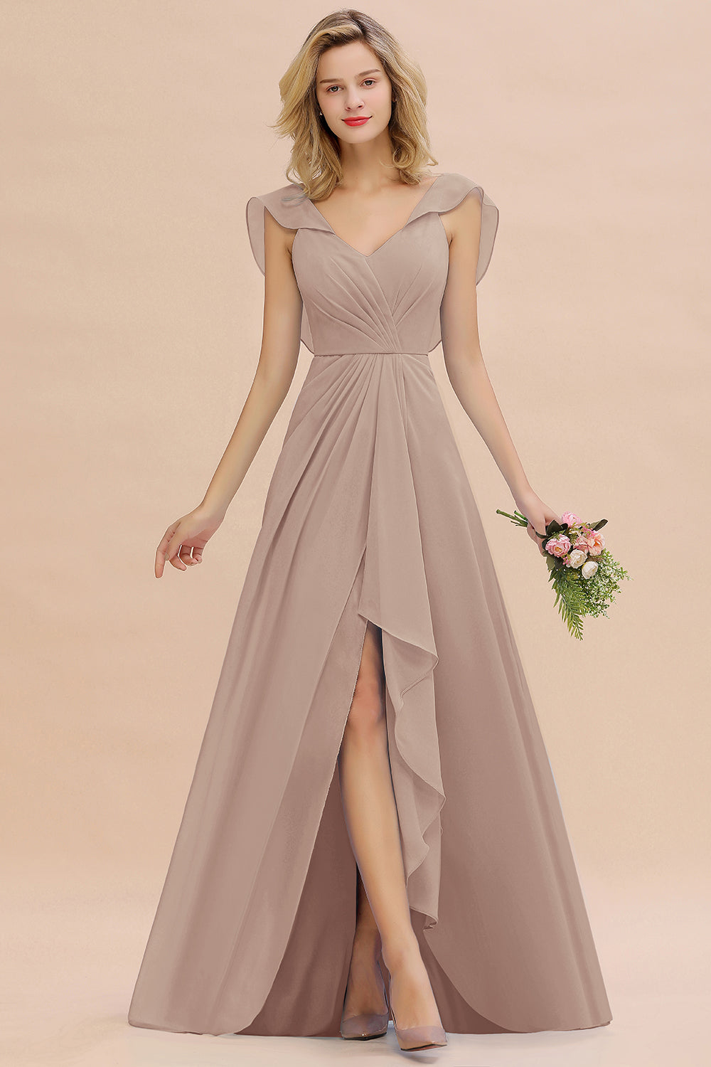 Modest Hi-Lo V-Neck Ruffle Long Bridesmaid Dresses with Slit - Fashionpara