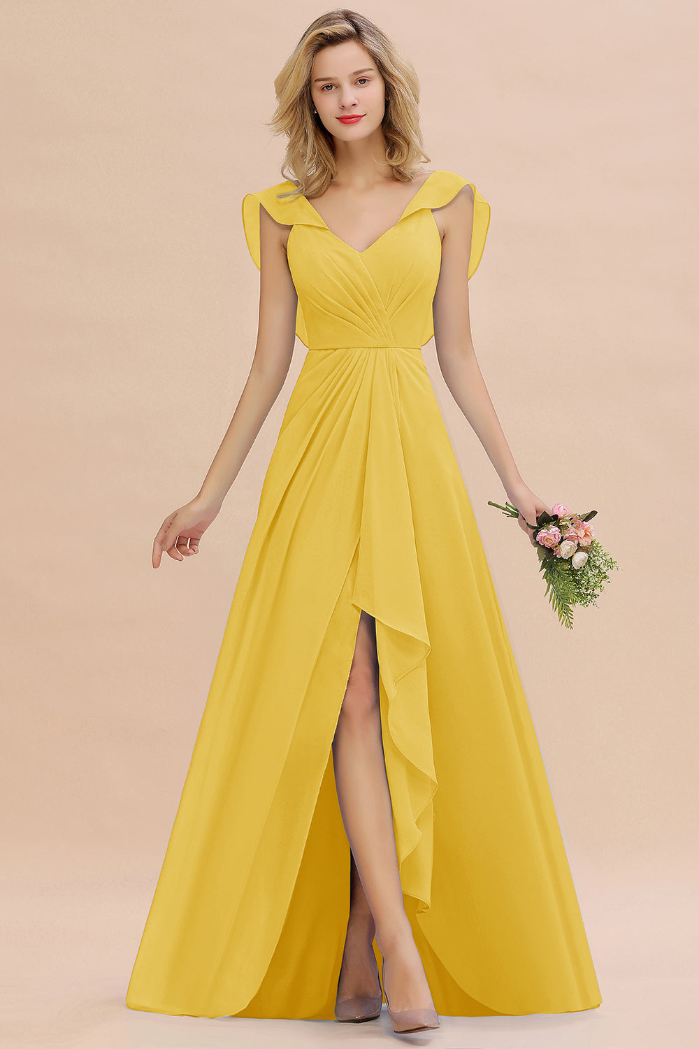 Modest Hi-Lo V-Neck Ruffle Long Bridesmaid Dresses with Slit - Fashionpara