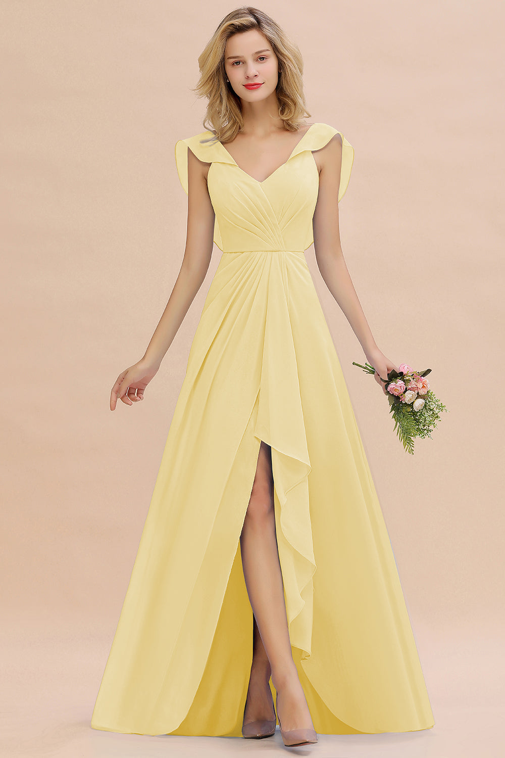 Modest Hi-Lo V-Neck Ruffle Long Bridesmaid Dresses with Slit - Fashionpara