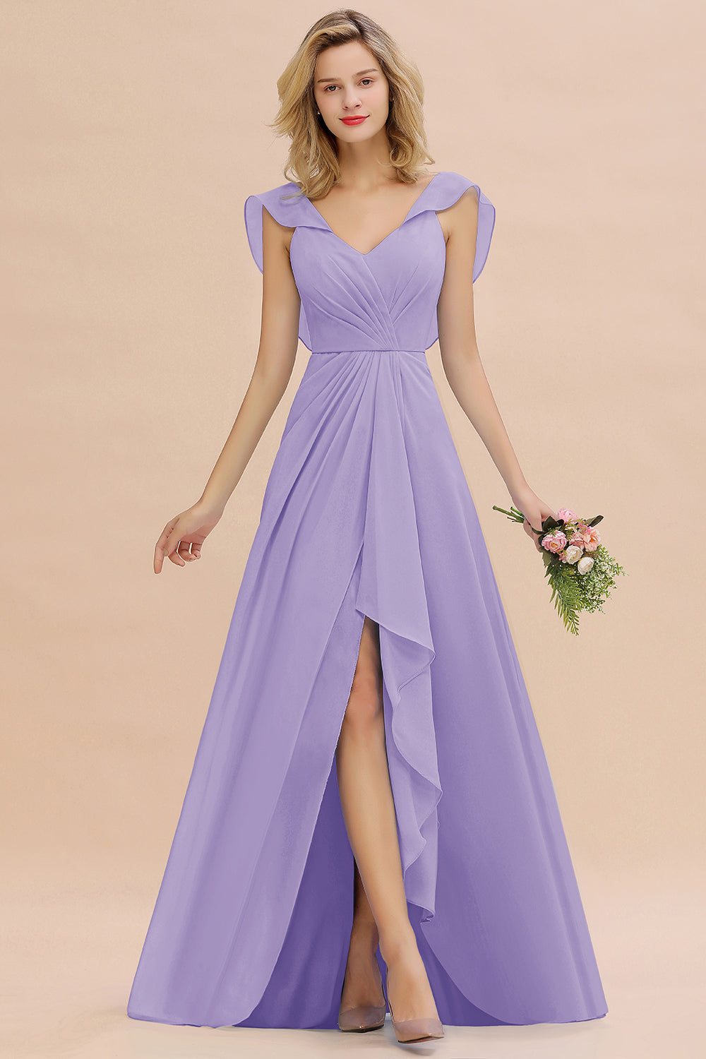 Modest Hi-Lo V-Neck Ruffle Long Bridesmaid Dresses with Slit - Fashionpara