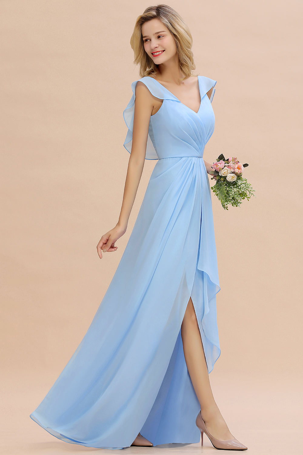 Modest Hi-Lo V-Neck Ruffle Long Bridesmaid Dresses with Slit - Fashionpara