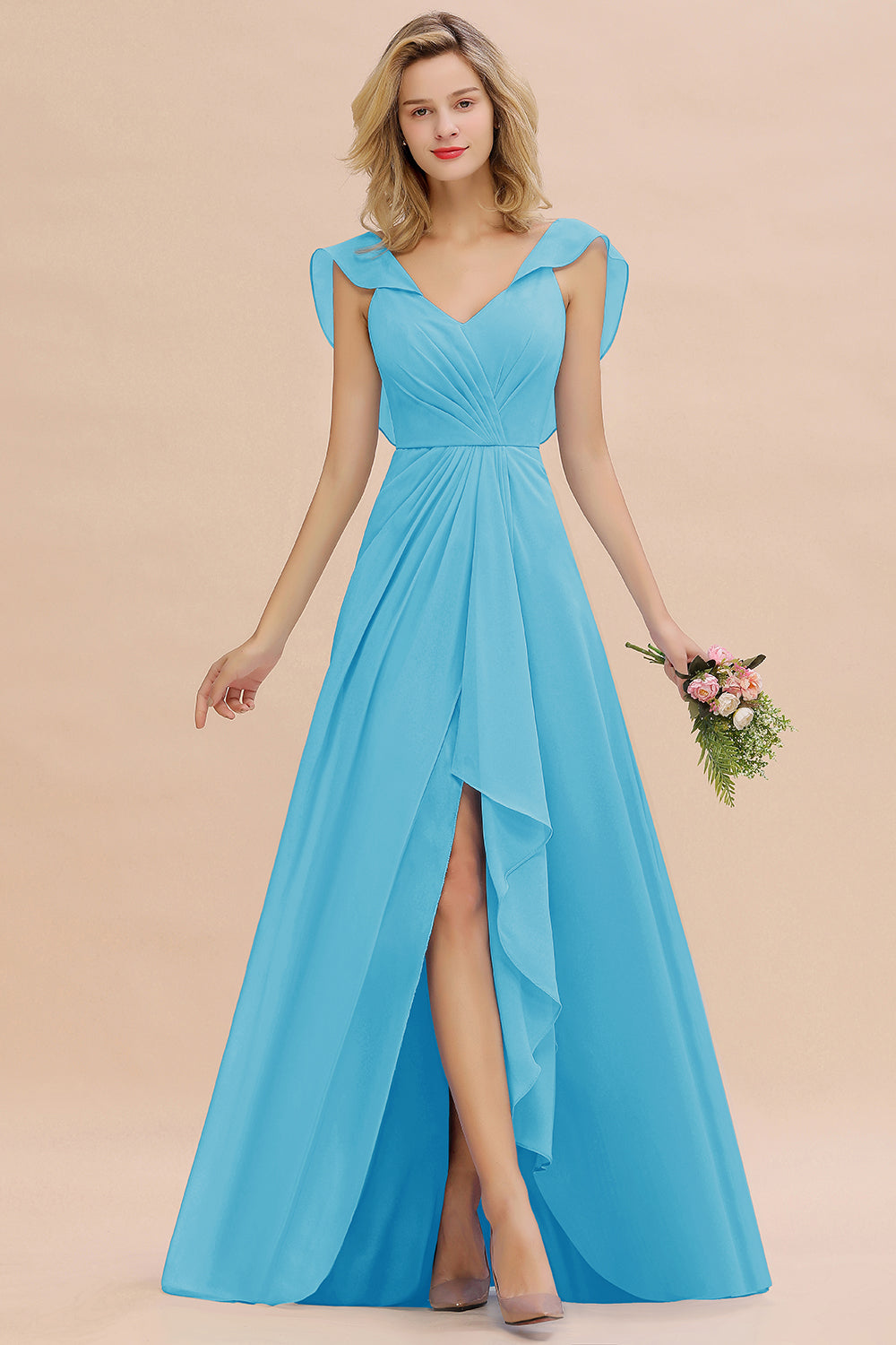 Modest Hi-Lo V-Neck Ruffle Long Bridesmaid Dresses with Slit