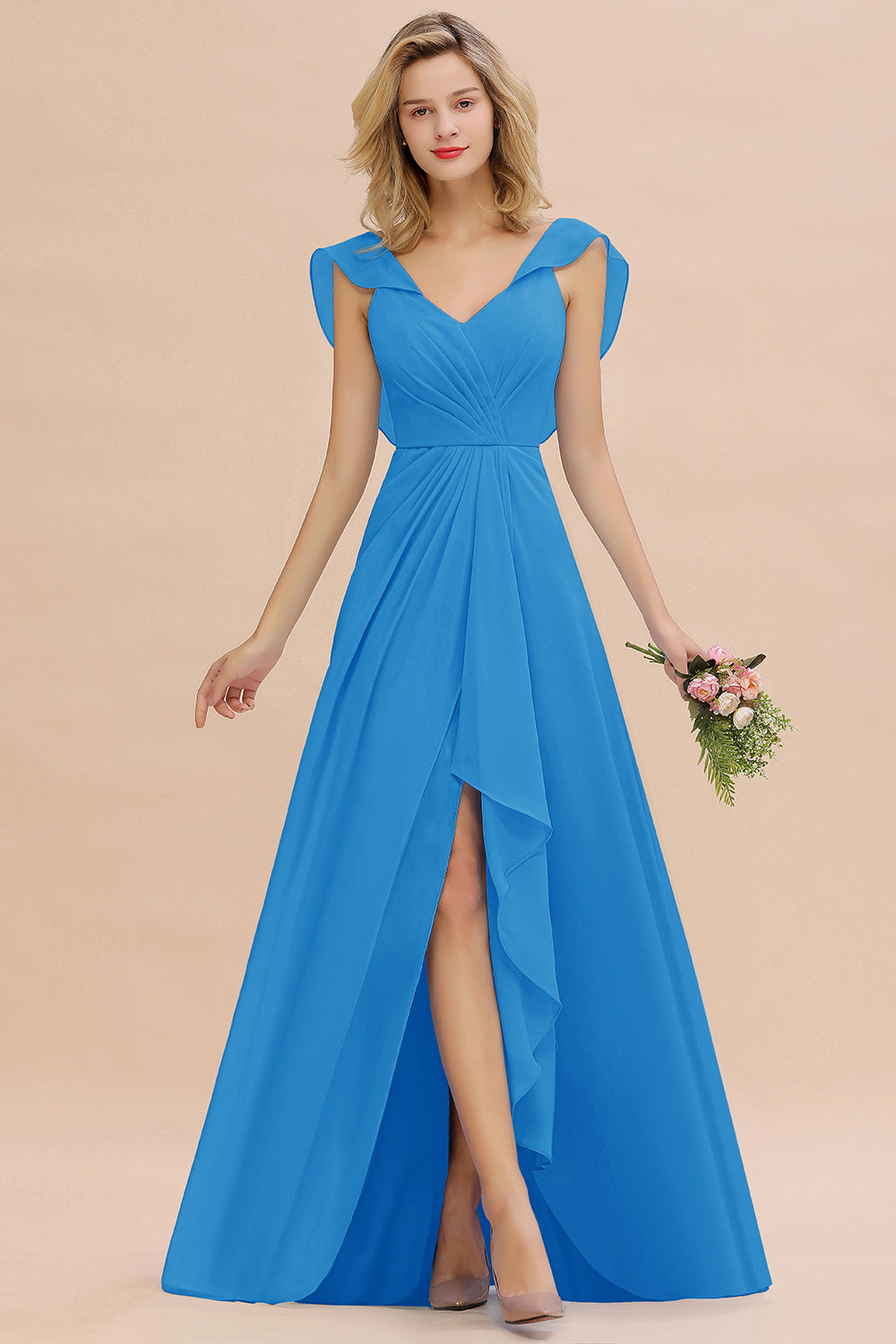 Modest Hi-Lo V-Neck Ruffle Long Bridesmaid Dresses with Slit - Fashionpara