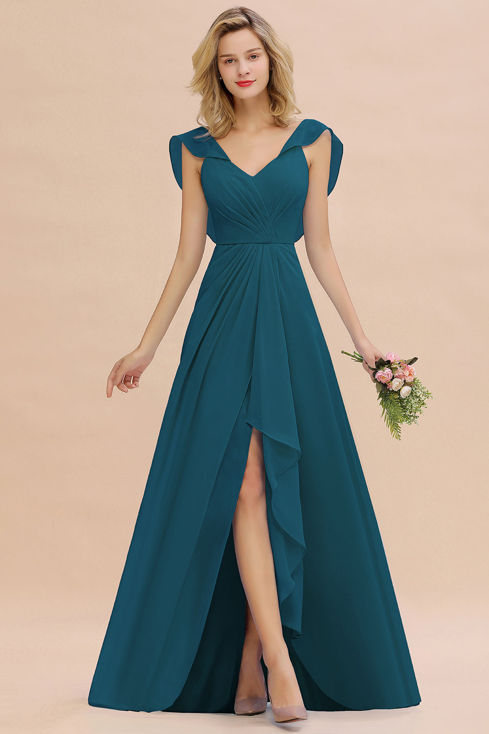 Modest Hi-Lo V-Neck Ruffle Long Bridesmaid Dresses with Slit