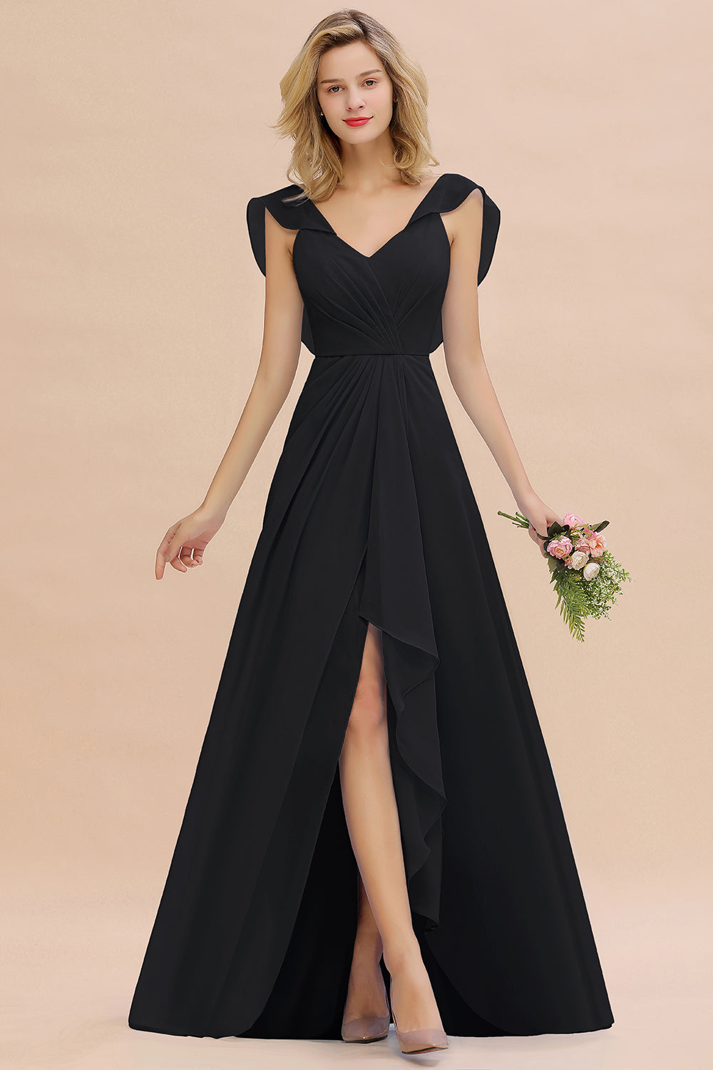 Modest Hi-Lo V-Neck Ruffle Long Bridesmaid Dresses with Slit