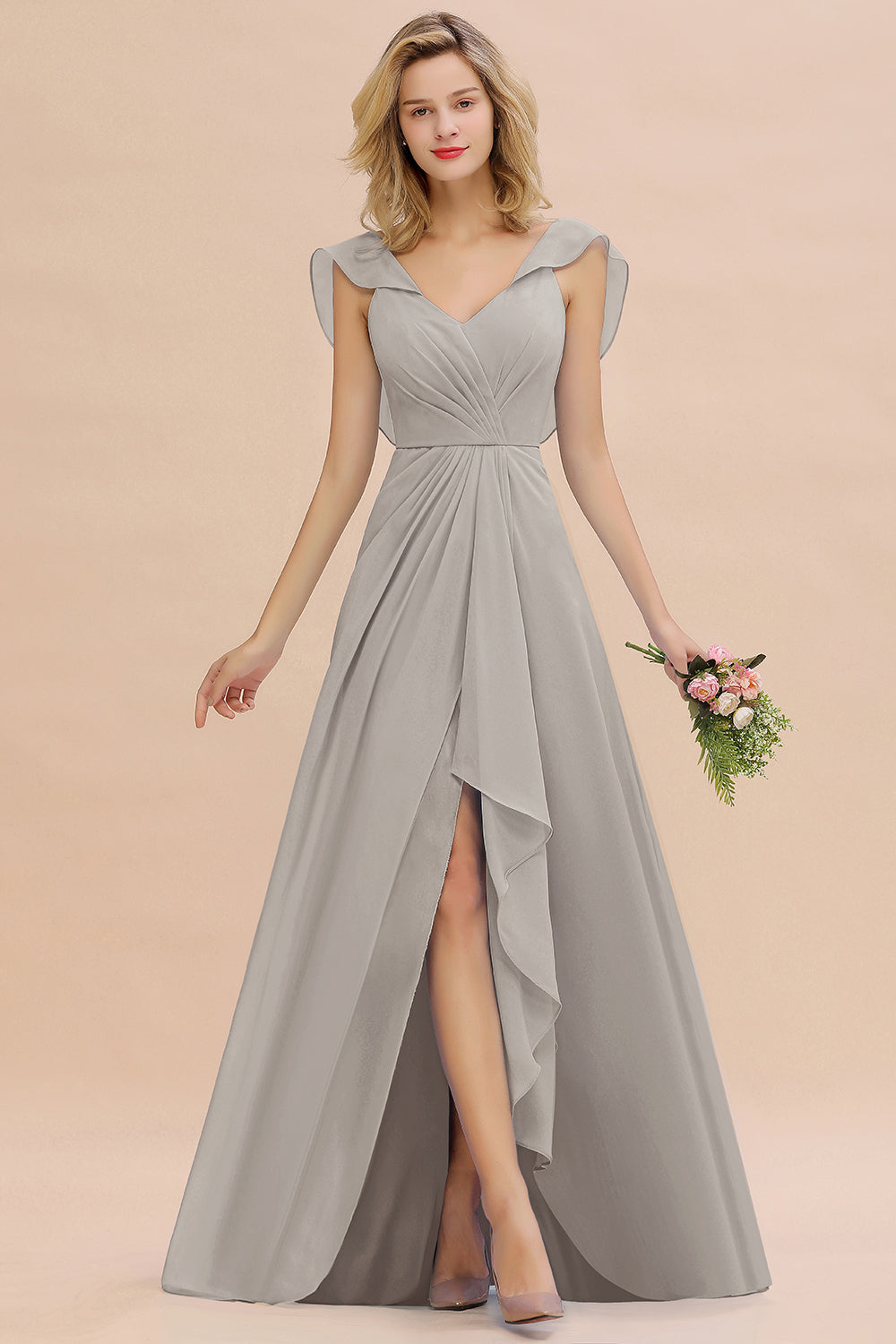 Modest Hi-Lo V-Neck Ruffle Long Bridesmaid Dresses with Slit - Fashionpara