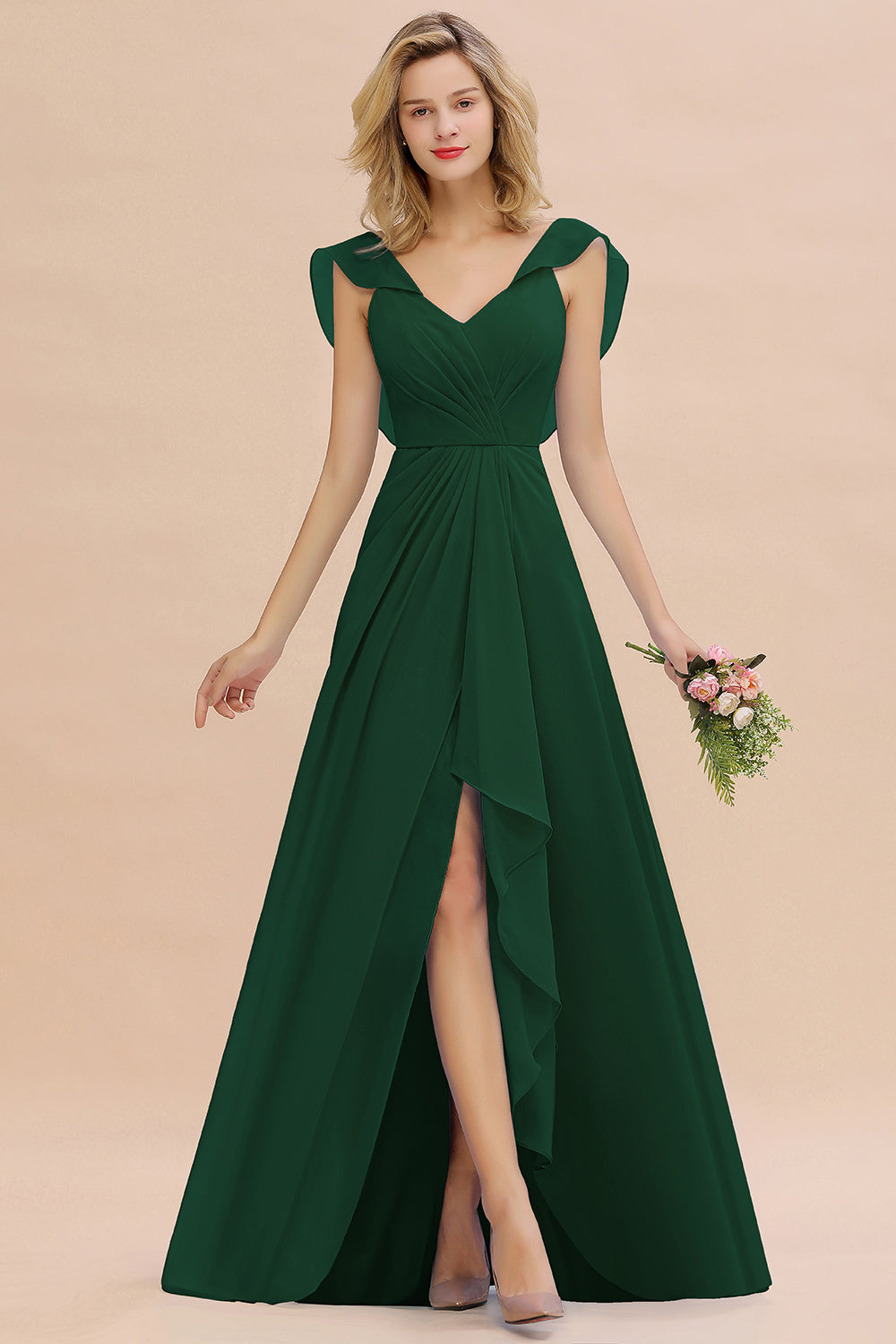 Modest Hi-Lo V-Neck Ruffle Long Bridesmaid Dresses with Slit - Fashionpara