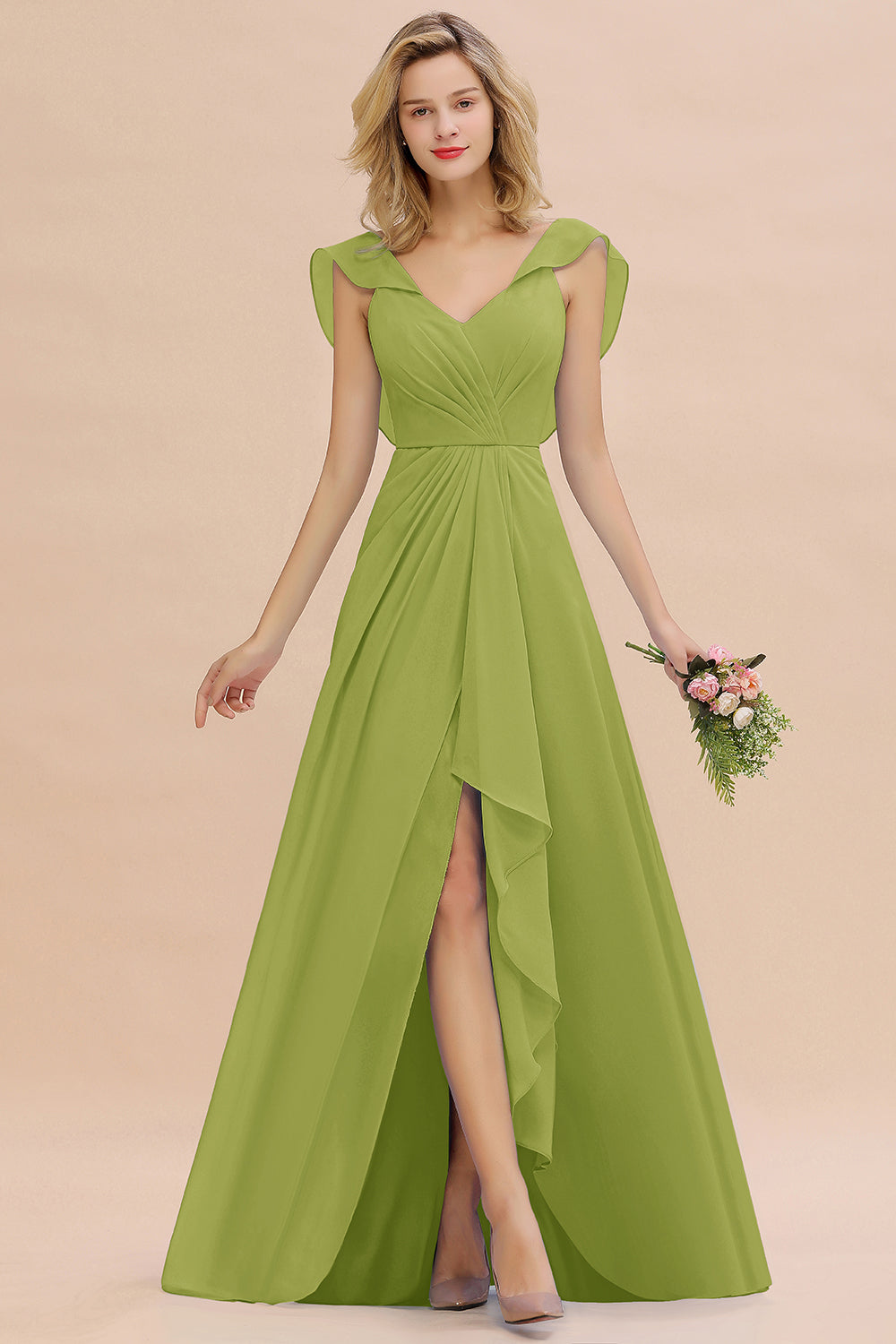 Modest Hi-Lo V-Neck Ruffle Long Bridesmaid Dresses with Slit