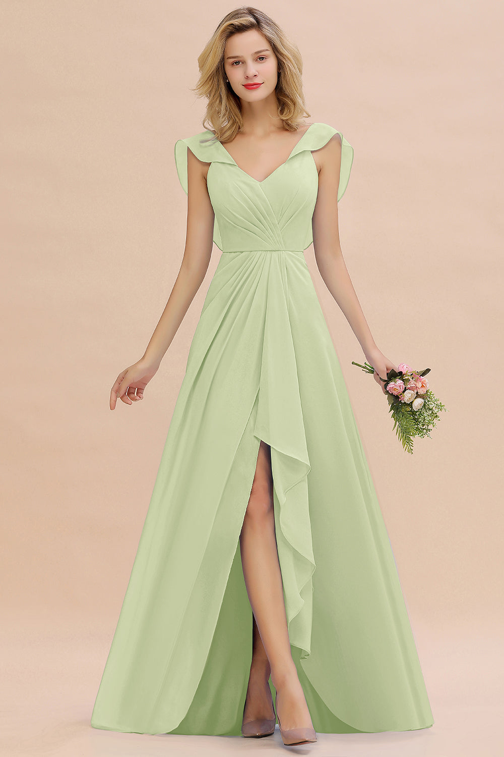 Modest Hi-Lo V-Neck Ruffle Long Bridesmaid Dresses with Slit