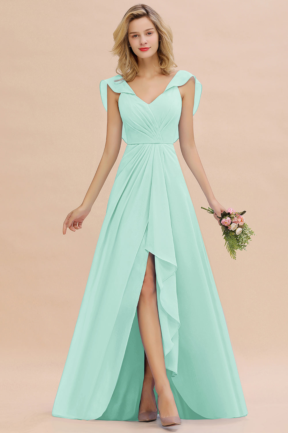 Modest Hi-Lo V-Neck Ruffle Long Bridesmaid Dresses with Slit