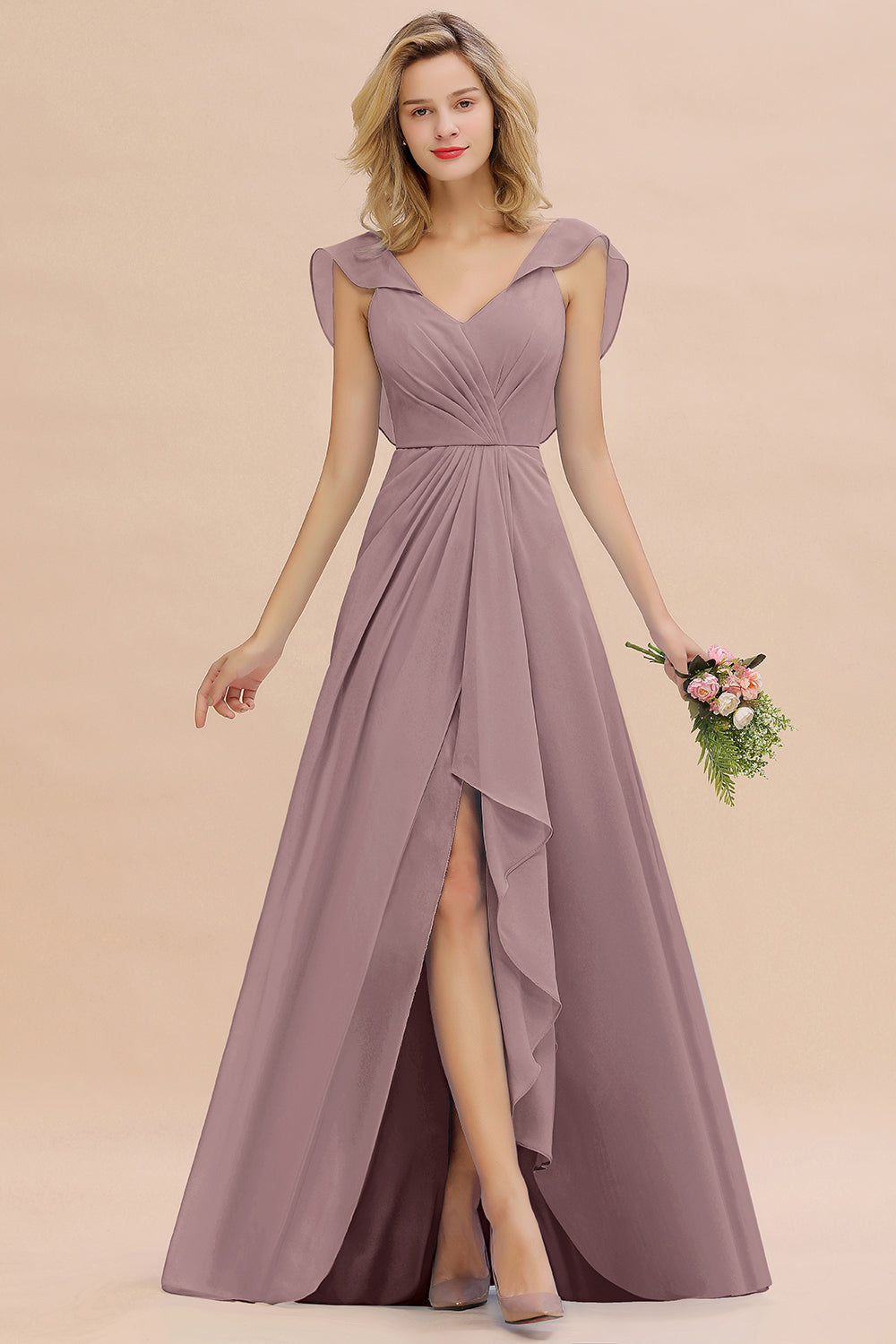 Modest Hi-Lo V-Neck Ruffle Long Bridesmaid Dresses with Slit