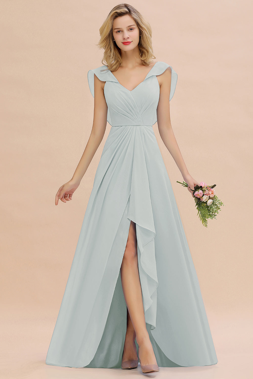 Modest Hi-Lo V-Neck Ruffle Long Bridesmaid Dresses with Slit