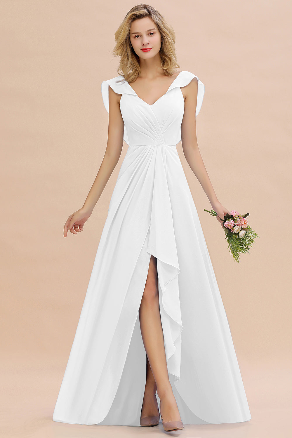 Modest Hi-Lo V-Neck Ruffle Long Bridesmaid Dresses with Slit