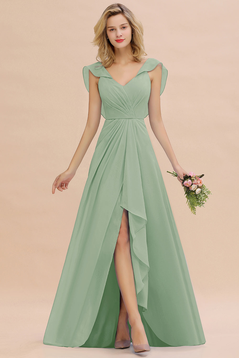 Modest Hi-Lo V-Neck Ruffle Long Bridesmaid Dresses with Slit