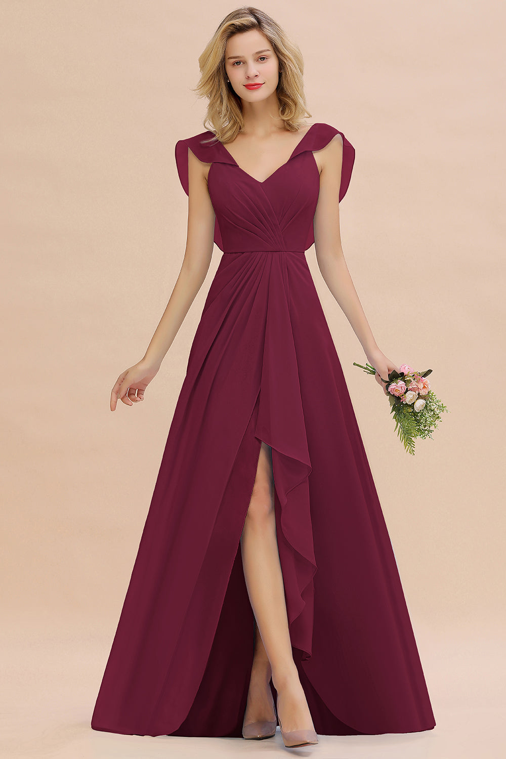 Modest Hi-Lo V-Neck Ruffle Long Bridesmaid Dresses with Slit