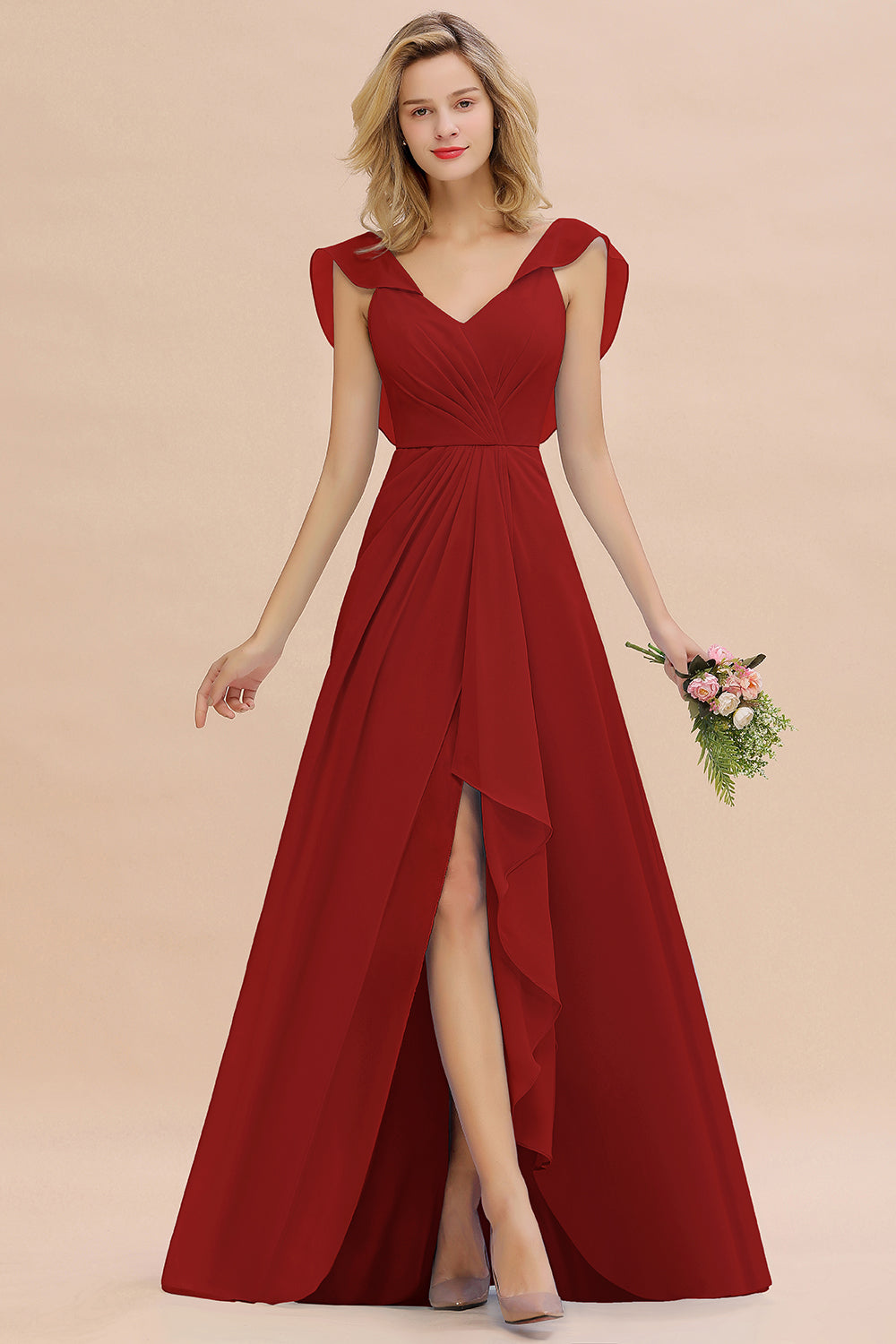 Modest Hi-Lo V-Neck Ruffle Long Bridesmaid Dresses with Slit