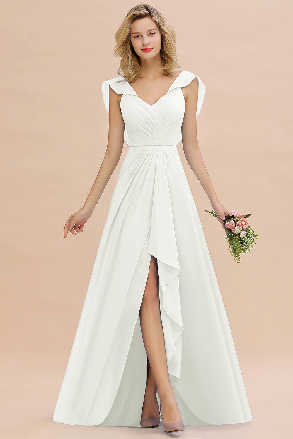 Modest Hi-Lo V-Neck Ruffle Long Bridesmaid Dresses with Slit - Fashionpara