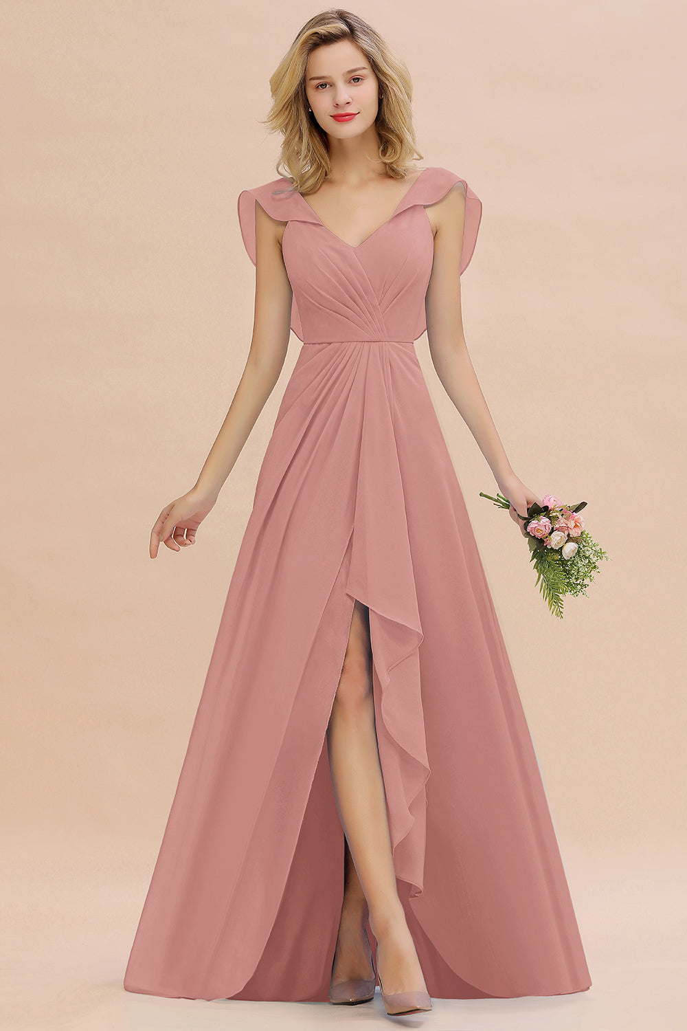 Modest Hi-Lo V-Neck Ruffle Long Bridesmaid Dresses with Slit