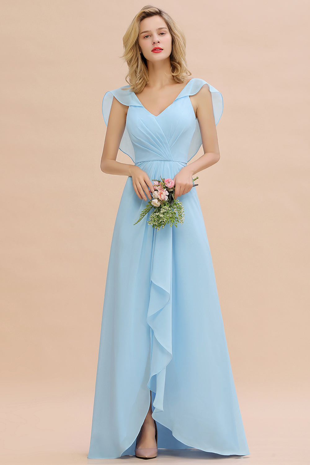 Modest Hi-Lo V-Neck Ruffle Long Bridesmaid Dresses with Slit