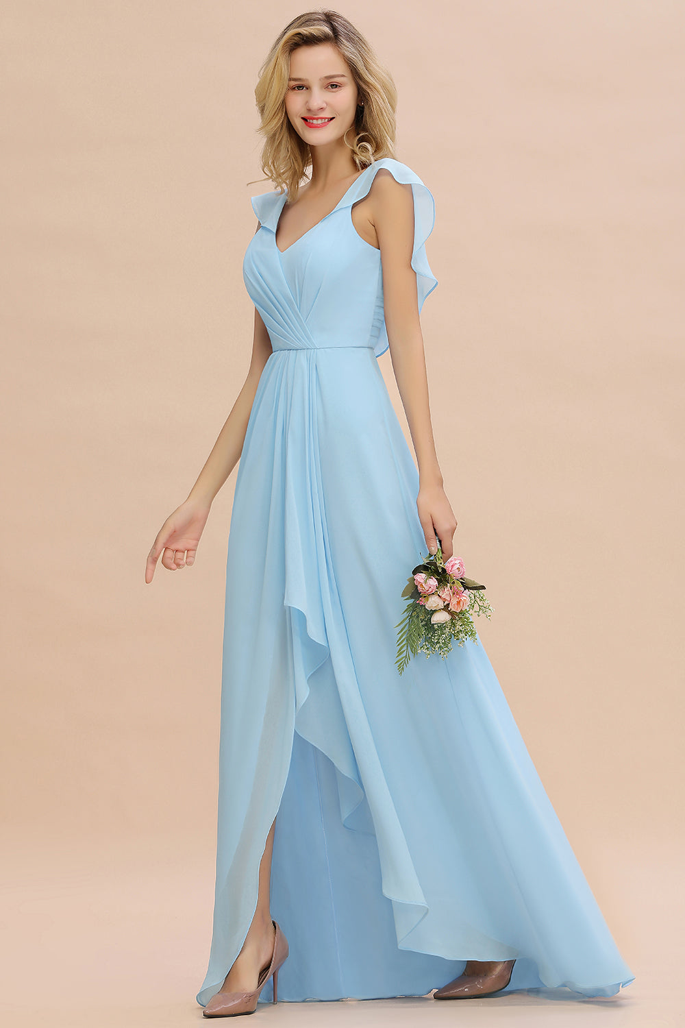 Modest Hi-Lo V-Neck Ruffle Long Bridesmaid Dresses with Slit