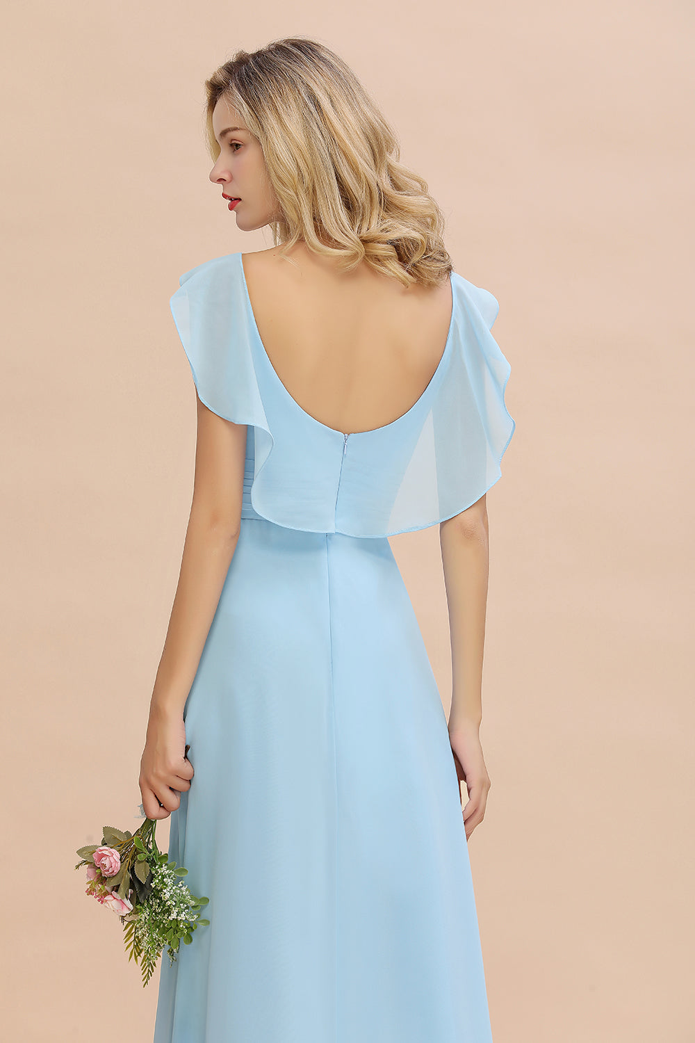 Modest Hi-Lo V-Neck Ruffle Long Bridesmaid Dresses with Slit