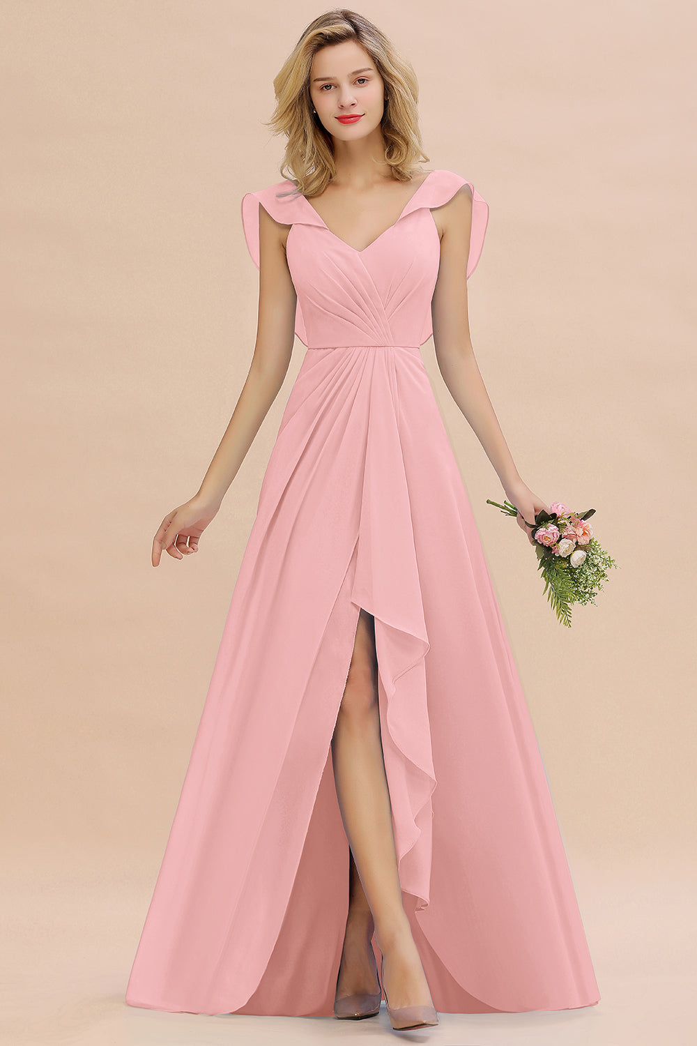 Modest Hi-Lo V-Neck Ruffle Long Bridesmaid Dresses with Slit