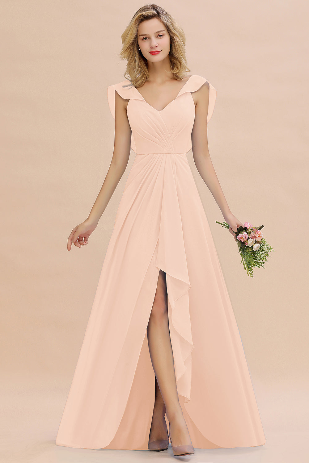 Modest Hi-Lo V-Neck Ruffle Long Bridesmaid Dresses with Slit - Fashionpara