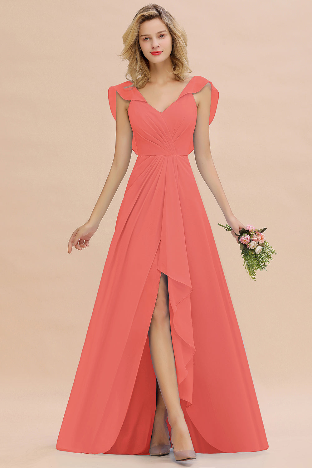 Modest Hi-Lo V-Neck Ruffle Long Bridesmaid Dresses with Slit - Fashionpara